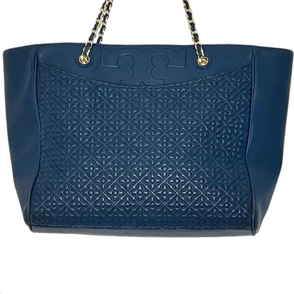 Tory Burch Tote Hudson Bay Navy Blue Gold Chain Bag - Picture 1 of 9